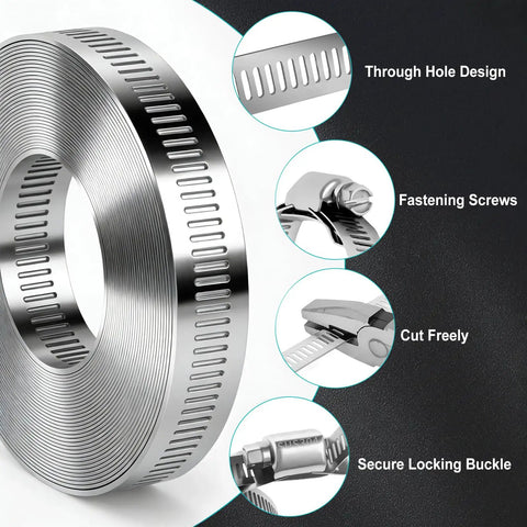 DIY Heavy Duty Adjustable Hose Clamp Kit 16 Ft With 304 Stainless Steel Clamps Strap And 10 Fasteners, showing clamp components.