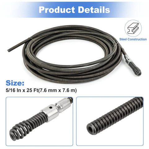 Straight Up Drain Cleaning Cable Sewer Snake FiveSixteen In By TwentyFive Ft Drop Head Auger Heavy Duty Replacement Machine Part showing steel construction and size details.