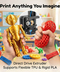 Hands holding 3D-printed robot and red object, showcasing Kid Friendly 3D Printer For Beginners With Auto Leveling And High Speed Printing Direct Drive Extruder PLA And TPU Compatible Pre-Sliced Models On SD Card Easy Setup STEM Gift For Kids And Education in a classroom setting.