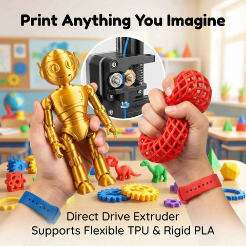 Hands holding 3D-printed robot and red object, showcasing Kid Friendly 3D Printer For Beginners With Auto Leveling And High Speed Printing Direct Drive Extruder PLA And TPU Compatible Pre-Sliced Models On SD Card Easy Setup STEM Gift For Kids And Education in a classroom setting.