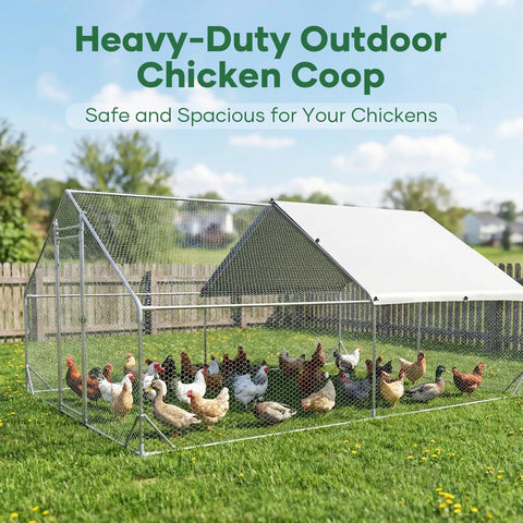 Heavy Duty Metal Chicken Coop With Lockable Door And Waterproof UV Cover, 20x10x6.5 Feet Yard for Chickens in backyard