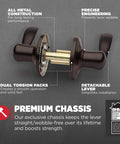 Tustin No-Lock Interior Passage Door Lever for Closet and Hallway Doors Reversible Handle DIY Easy Install Venetian Bronze Finish with Microban Protection, showing detailed engineering features.
