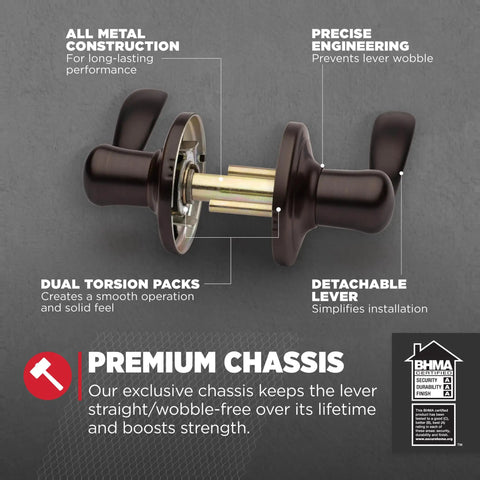 Tustin No-Lock Interior Passage Door Lever for Closet and Hallway Doors Reversible Handle DIY Easy Install Venetian Bronze Finish with Microban Protection, showing detailed engineering features.