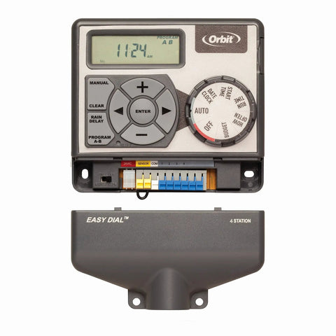 Easy Dial Four Station Indoor Irrigation System Controller for Sprinkler and Drip Zones 24 VAC Transformer Gray Finish