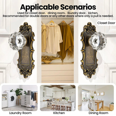 Antique Bronze Dummy Door Knobs Two Pack With Crystal Glass Interior Handles For Hallway Pantry And Closet Doors Old School Vintage Vibe Easy Install And Durable Antique Hardware For Home, shown in various room settings