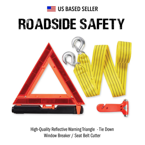 125 Piece Roadside Emergency Kit For Cars With headlamp first aid tools and visibility gear including warning triangle and straps
