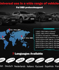 OBD2 Scanner Diagnostic Tool With 35901 DTC Lookup, global vehicle compatibility map and supported languages display.