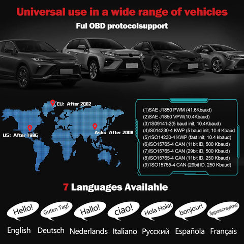 OBD2 Scanner Diagnostic Tool With 35901 DTC Lookup, global vehicle compatibility map and supported languages display.