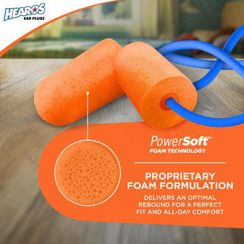 Kids Foam Ear Plugs NRR 28 Three Pack X Small Corded Hearing Protection, orange foam ear plugs with blue cord and texture detail.