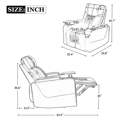 Dimensions diagram of Power Reclining Chair With USB Ports, Cupholders, LED Light, Storage Armrest, Rotating Coffee Table