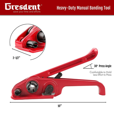 Heavy Duty Handheld Manual Strapping Tensioner And Cutter Windlass Tool Built Tough As Nails For Top Shelf One Half To Three Quarters Inch Polyester Polypropylene Bands with red finish measuring 10 inches.