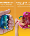 Curved Handheld Manual Pencil Sharpener Boasts A Smooth Ratchet Grip And Adjustable Dial. Blue handheld design with easy-open pink tray for waste disposal.