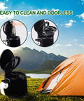 Go To Portable Camping Toilet With Detachable Inner Bucket And Removable Toilet Paper Holder Black next to tent outdoors