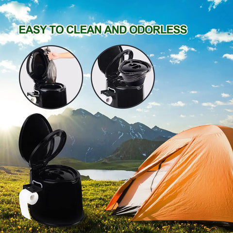 Go To Portable Camping Toilet With Detachable Inner Bucket And Removable Toilet Paper Holder Black next to tent outdoors