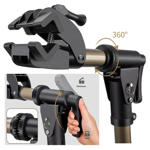 Close-up of Heavy Duty Bike Repair Stand with 360 Degree Rotating Clamp Holds 1 In To 1.75 In Tubes Rubber Protected 80 Lb Capacity