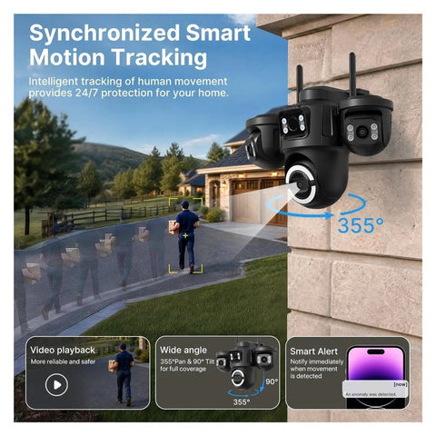 Knockout Quality Outdoors Wireless Security Cam Featuring Sharp AI Human Detection And Crisp 720P HD Video mounted on a house corner tracking delivery.