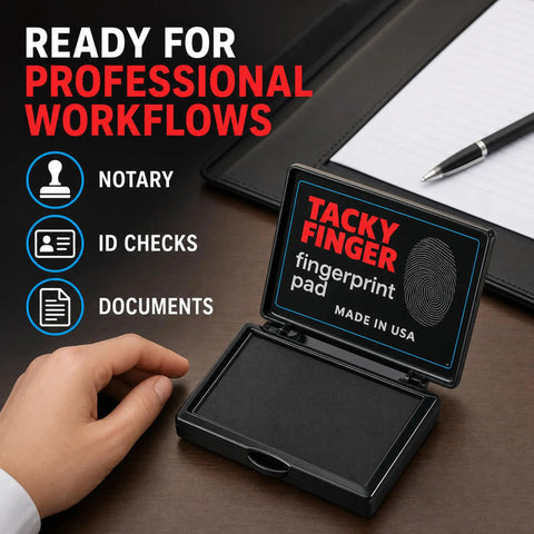 Top Shelf Premium Inkless Fingerprint Tacky Sheets For Notary And Legal Forms Black 4 Pack open fingerprint pad on desk