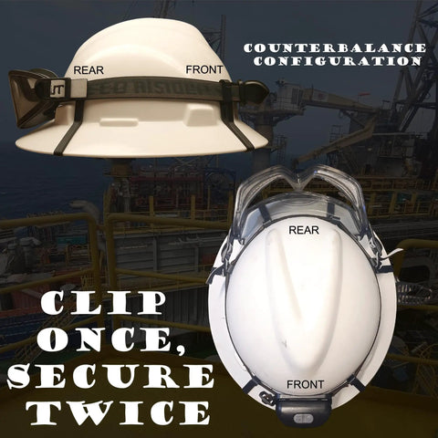 Must Have On The Job Multipurpose Full Brim Hard Hat Clips And Hooks for headlamps and safety goggles displayed on hard hat
