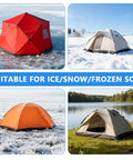 Heavy Duty Ice Anchor Tool Kit With Drill Adapter And Head Includes Four Tent Stakes Rope Hangers And Easy Setup For Ice Fishing Shelter Shanty And Outdoor Tents used with various tents on ice, snow, and grass.