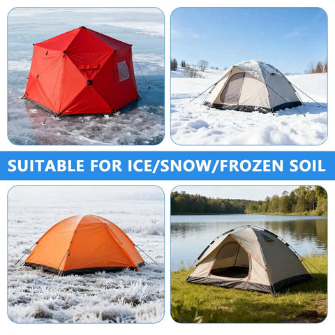 Heavy Duty Ice Anchor Tool Kit With Drill Adapter And Head Includes Four Tent Stakes Rope Hangers And Easy Setup For Ice Fishing Shelter Shanty And Outdoor Tents used with various tents on ice, snow, and grass.