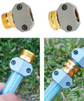 Garden Hose Repair Kit With Aluminum Fittings, 4 Male and 4 Female End Connectors for 5/8 and 3/4 Inch Hoses in use outdoors