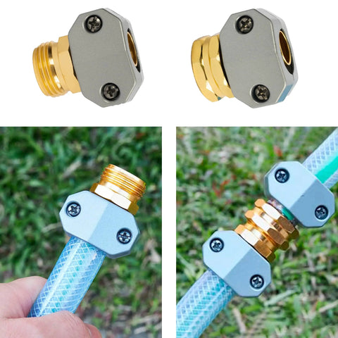 Garden Hose Repair Kit With Aluminum Fittings, 4 Male and 4 Female End Connectors for 5/8 and 3/4 Inch Hoses in use outdoors