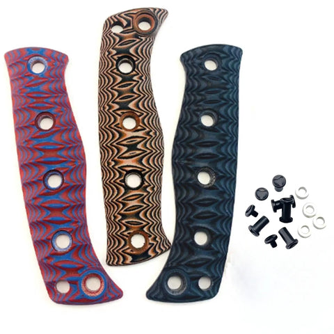Badass G10 Handle Scales And Screw Set For Benchmade Adamas 375 Tactical Knife custom micarta handles in red, black, and brown.
