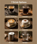 Various coffee drinks including espresso, Americano, latte, cappuccino, milk foam, and hot water options.