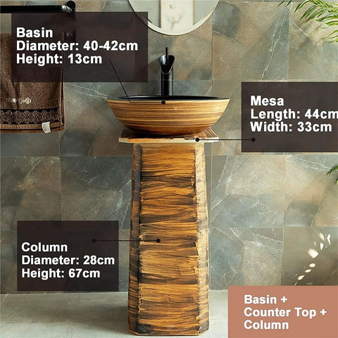 Slick Ceramic Vessel Sink With Retro Industrial Pedestal Basin Design High Gloss Scratch Resistant Glaze shown with dimensions.