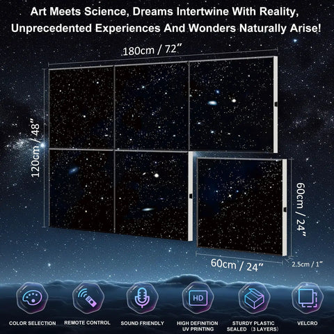 Large Self Adhesive Soundproof Acoustic Wall Art Panels With High Definition UV Print And Stylish Abstract Design For Bedroom Living Room And Home Office Easy Diy Installation No Drilling Required 72 By 48 Inches 6 Piece Set showcasing a starry space design.