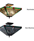 Two Light Tiffany Style Mission Ceiling Fixture In Blackish Bronze Finish, Innes Inspired Design with illuminated and non-illuminated view
