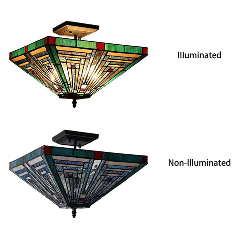 Two Light Tiffany Style Mission Ceiling Fixture In Blackish Bronze Finish, Innes Inspired Design with illuminated and non-illuminated view