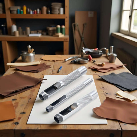 Three-Piece Grommet Hole Punch Set for Leatherworking with steel hollow punches on workshop table