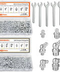 All In One 235 Piece SAE And Metric Grease Fittings Kit With Quarter Inch And Eighth Inch Sizes M6 M10 Straight 45 Degree 90 Degree Zerk Fittings Wrench Kit Included For Grease Gun displayed with fittings and wrenches