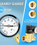 RV water pressure regulator valve with gauge, brass body, 0-160 psi, 3/4 in garden hose threads