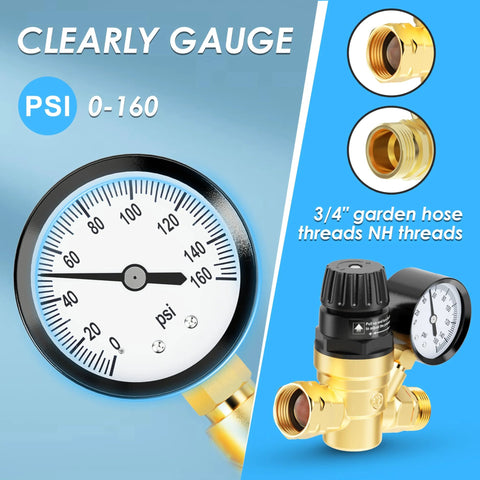 RV water pressure regulator valve with gauge, brass body, 0-160 psi, 3/4 in garden hose threads