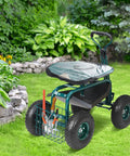 Green Garden Cart Rolling Workseat With Wheels 360 Degree Swivel Gardening Stool for Planting next to garden plants.