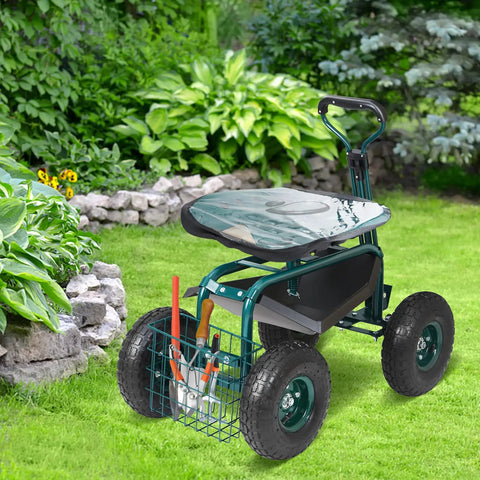 Green Garden Cart Rolling Workseat With Wheels 360 Degree Swivel Gardening Stool for Planting next to garden plants.