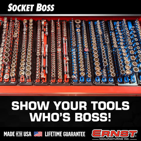 Socket Boss Multi Drive Organizer Tray With 13 Inch Rails Blue For Automotive Techs Pro Grade Socket Storage That Fits In Drawer Or On The Go Keeps Sockets Tight And Clutter Free Made In USA, shown neatly organizing sockets in a drawer.