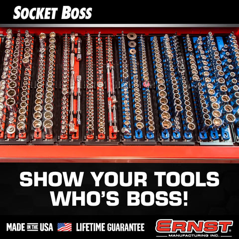 18 Inch Socket Boss Organizer With Twist Lock Clips, Premium 3 Rail Multi-Drive Socket Holder For 1/4 3/8 1/2 Inch Sockets, Holds 57 Tools, SAE And Metric, Red, Made In USA neatly organizes sockets.