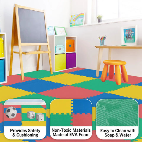 Interlocking EVA Foam Floor Tiles 8 Pack, 32 Sq Ft Kid Friendly Playroom And Home Gym Padding installed in a colorful playroom