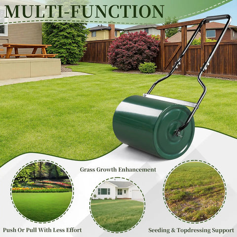 Beefed Up Heavy Duty Lawn Roller 8 Gallon Water Or Sand Fill With Drain Plug And U Shaped Handle For Push Or Pull Operation