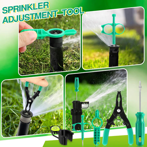 Five Pack All In One Sprinkler Head Tool Kit for Rain Bird and Hunter Systems Hold Up Tool With Bubble Level Rotor Adjustment Spray Head Pull Up Nozzle Insertion Collar Lawn Irrigation Maintenance image showing multiple tools and sprinkler in use.