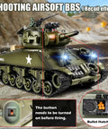 1 18th Scale RC Battle Tank With BB Shooting, Smoke And Lights, Realistic M4A3 Sherman Remote Control Army Toy shown firing BBs