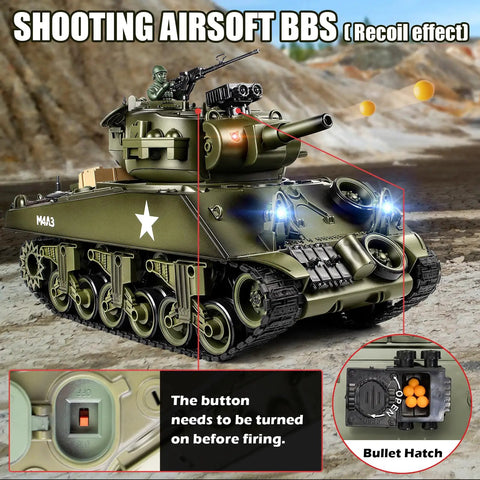 1 18th Scale RC Battle Tank With BB Shooting, Smoke And Lights, Realistic M4A3 Sherman Remote Control Army Toy shown firing BBs