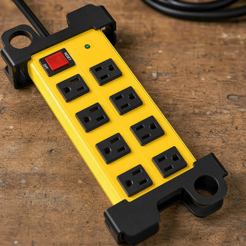 Heavy Duty Shop Workhorse Power Strip With Eight Widely Spaced Outlets And 2700J Surge Protection Six Foot Extension Cord mounted on a wooden surface.