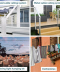 Collage showing wood and metal cable railing systems, string light hanging, and clotheslines for DIY projects.