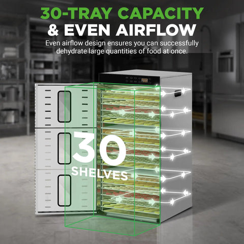 No Fuss 30 Tray Commercial Food Dehydrator featuring independent airflow zones and seamless touchscreen controls.
