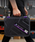 150 Piece Household Tool Set With 8V Cordless Drill Driver Kit for Home Maintenance in purple case being carried