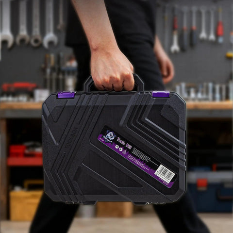 150 Piece Household Tool Set With 8V Cordless Drill Driver Kit for Home Maintenance in purple case being carried